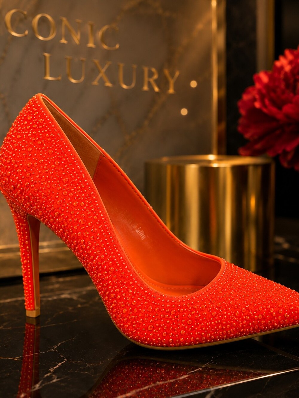 'Floraa' Orange Crystal-Embellished Pointed Toe Pump